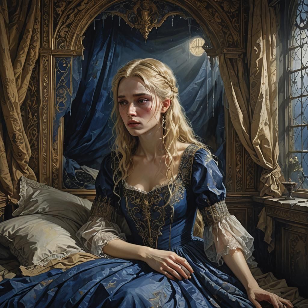 Distressed Girl in Ornate Chamber: Dark Fantasy Art