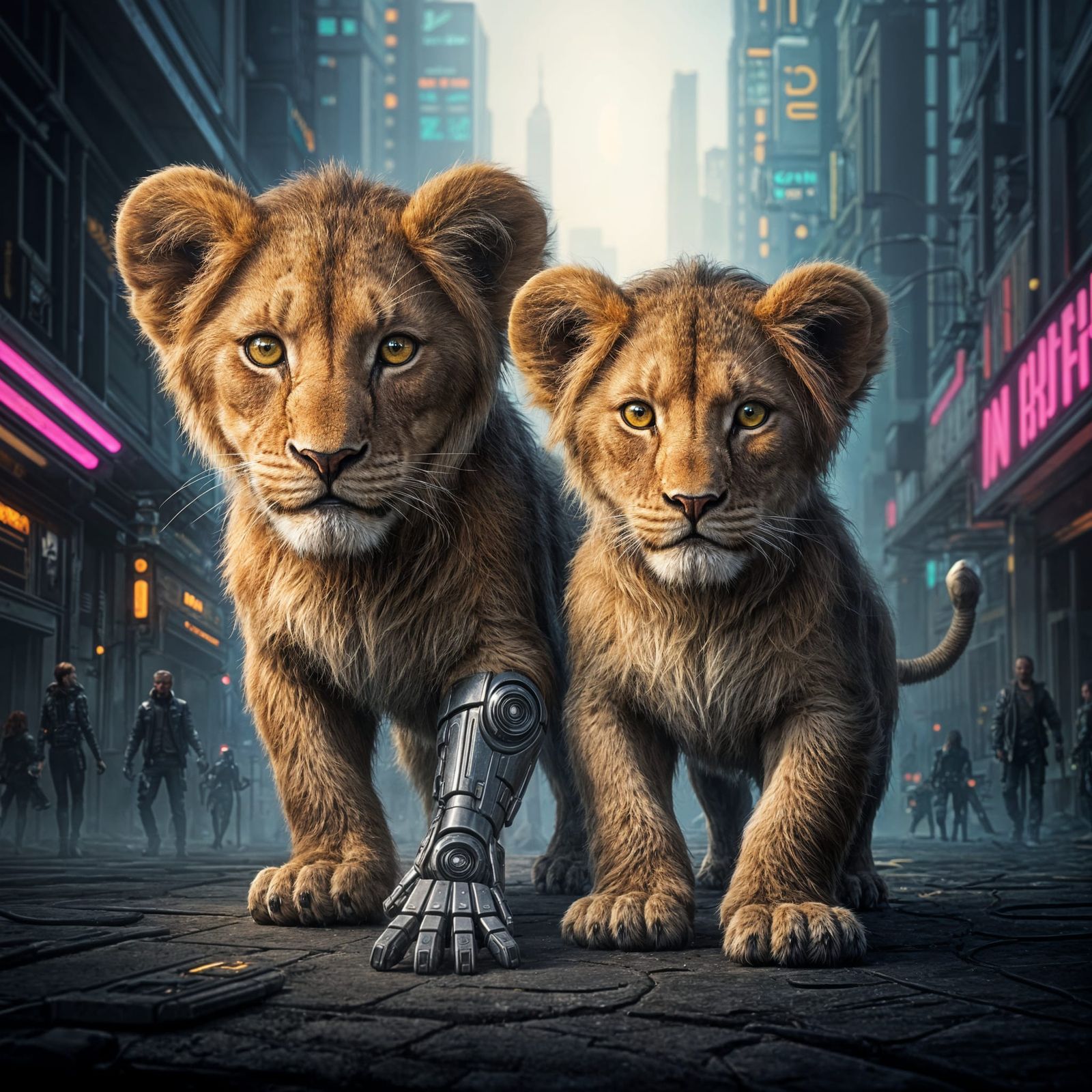 Cyberpunk Lion Cubs with Robotic Leg
