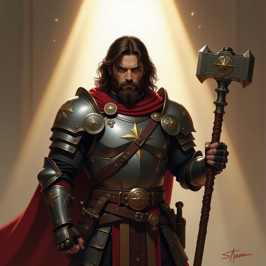 Cleric Justicator with Hammer and Mace, Dramatic Lighting