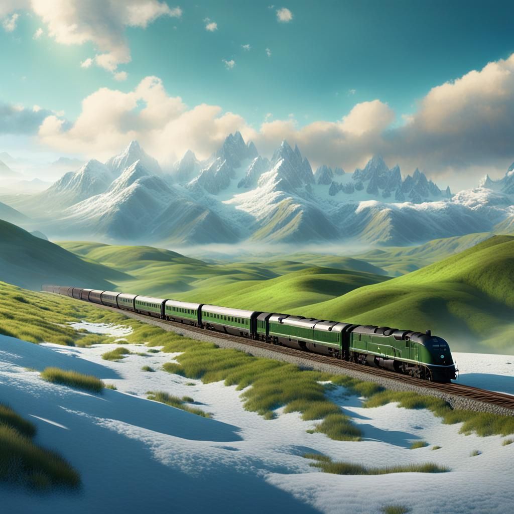 Train Journey Through Green Hills and Snowy Peaks