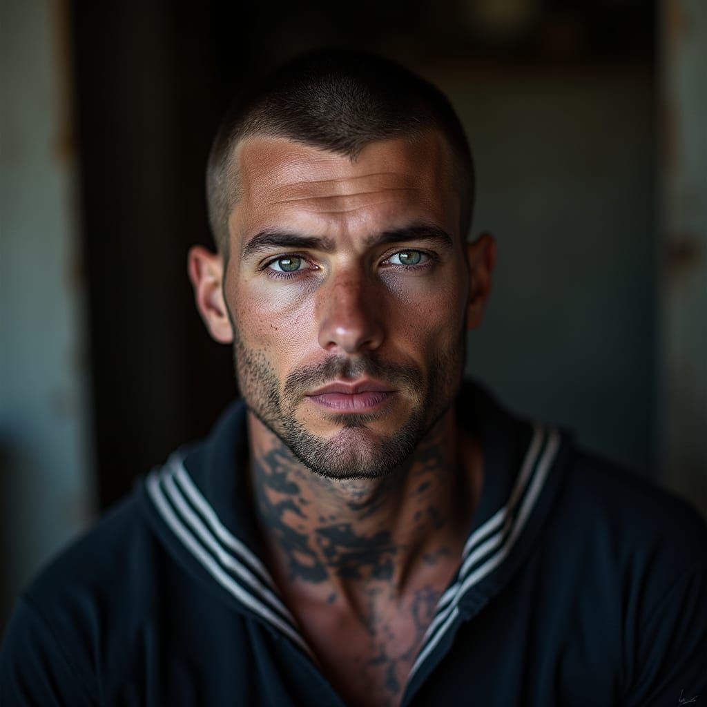 Gritty U.S. Navy Sailor with Piercing Eyes