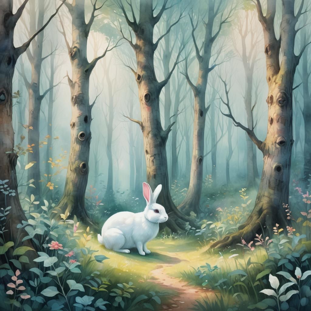 White Rabbit in Whimsical Forest: Digital Painting