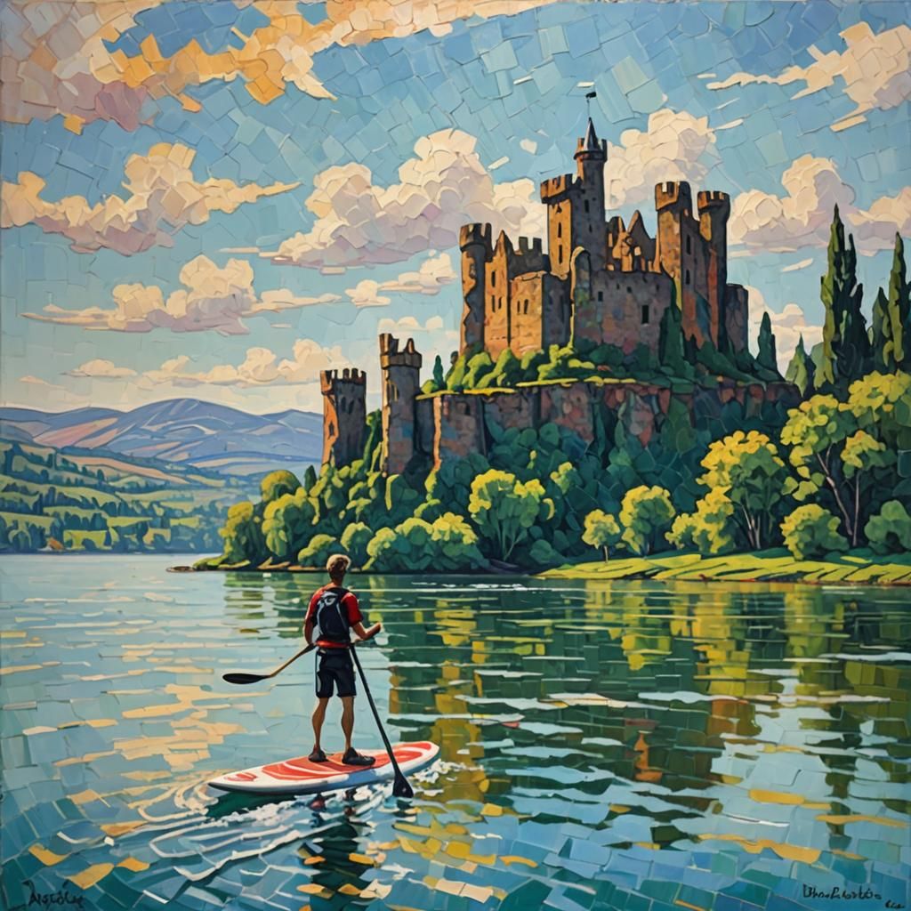 Paddleboarder on Lake: Neo-Impressionist Expressionist Oil P...