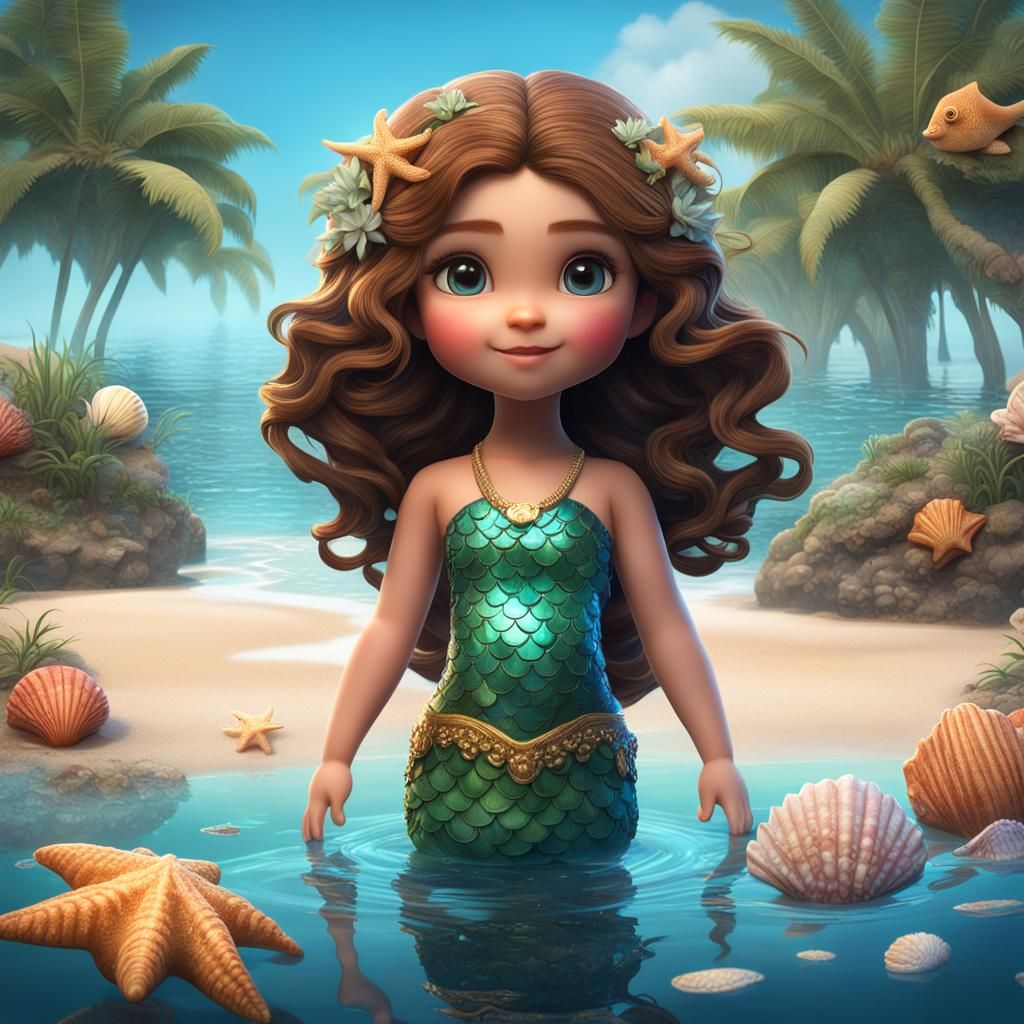 Hyperrealistic Chibi Mermaid on a Tropical Beach
