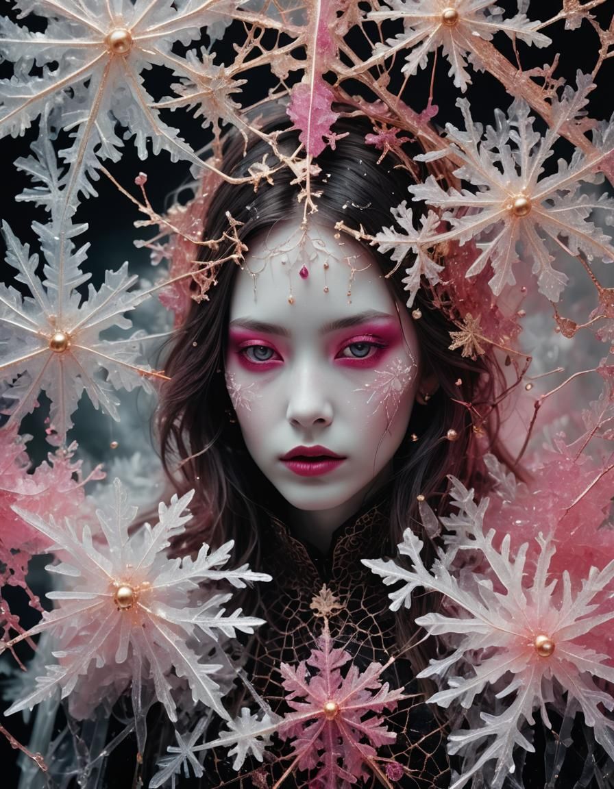 Icy Woman Portrait with Neon Aura and Filigree