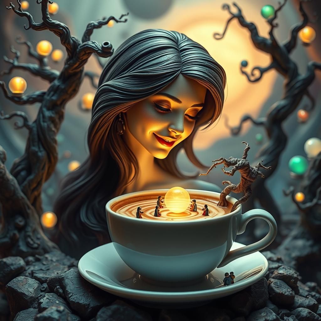 Futuristic Dreamscape: Woman Creating World in Coffee