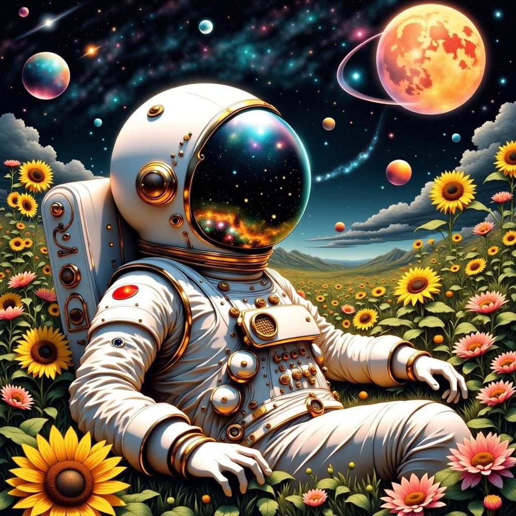 Astronaut in Flower Garden Reflecting the Universe