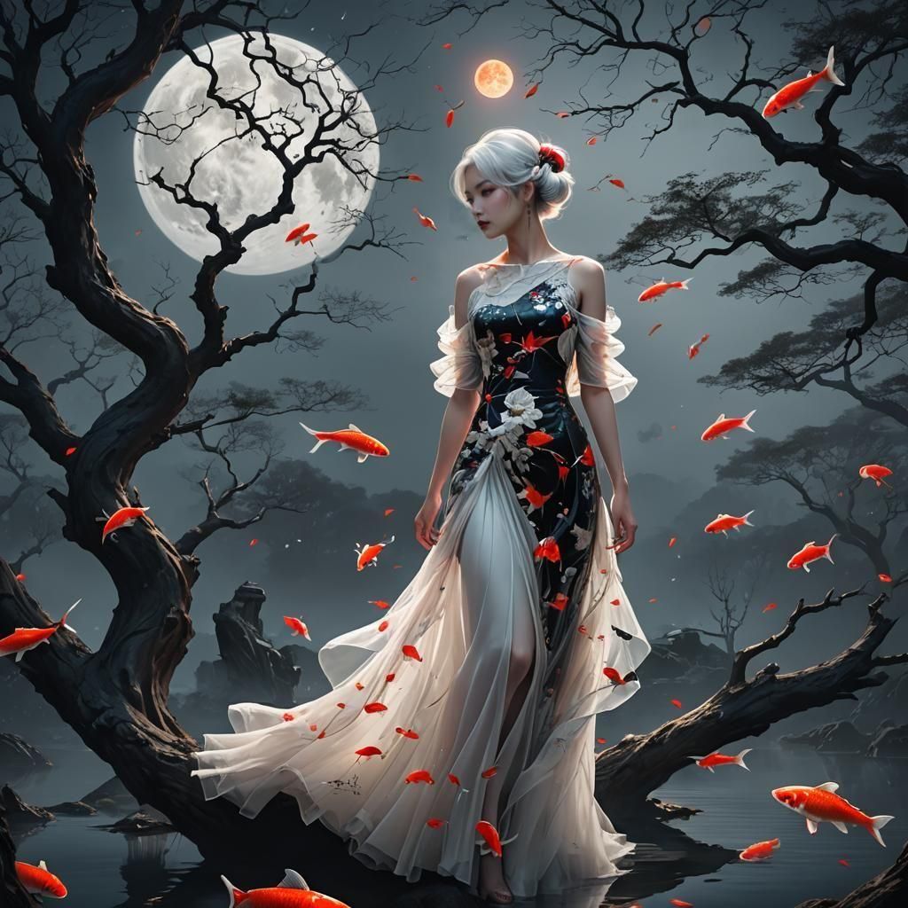 Woman, Koi Fish, and Red Moon Fantasy Art