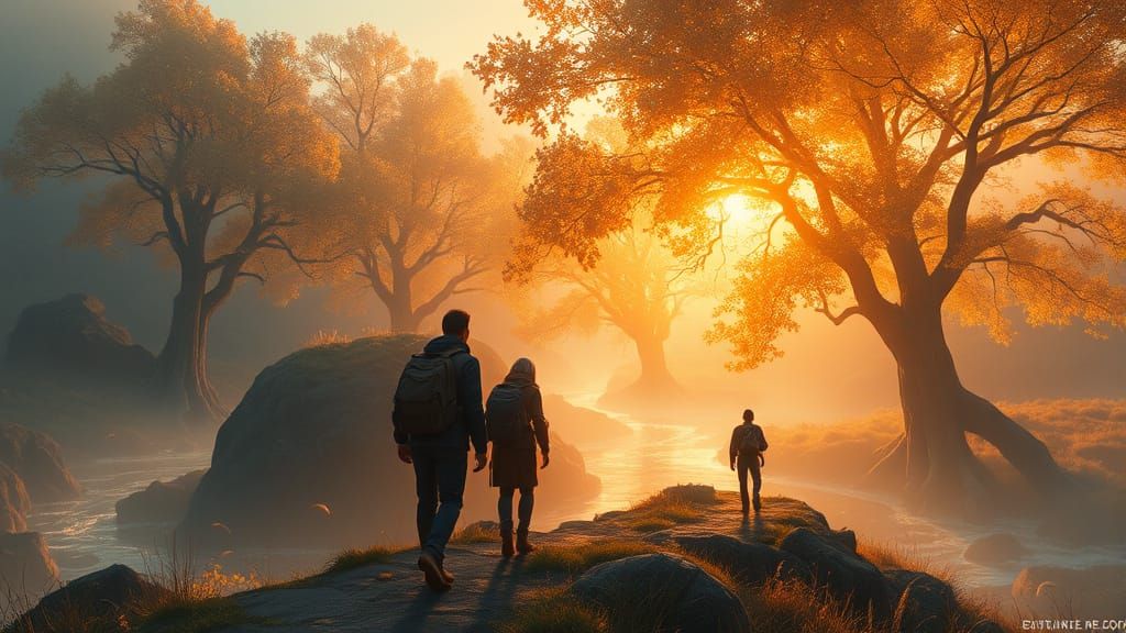 Ethereal Dimension Travelers in Golden Landscape