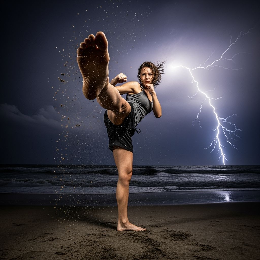 Woman's Karate Kick on Stormy Beach in Dramatic Lighting