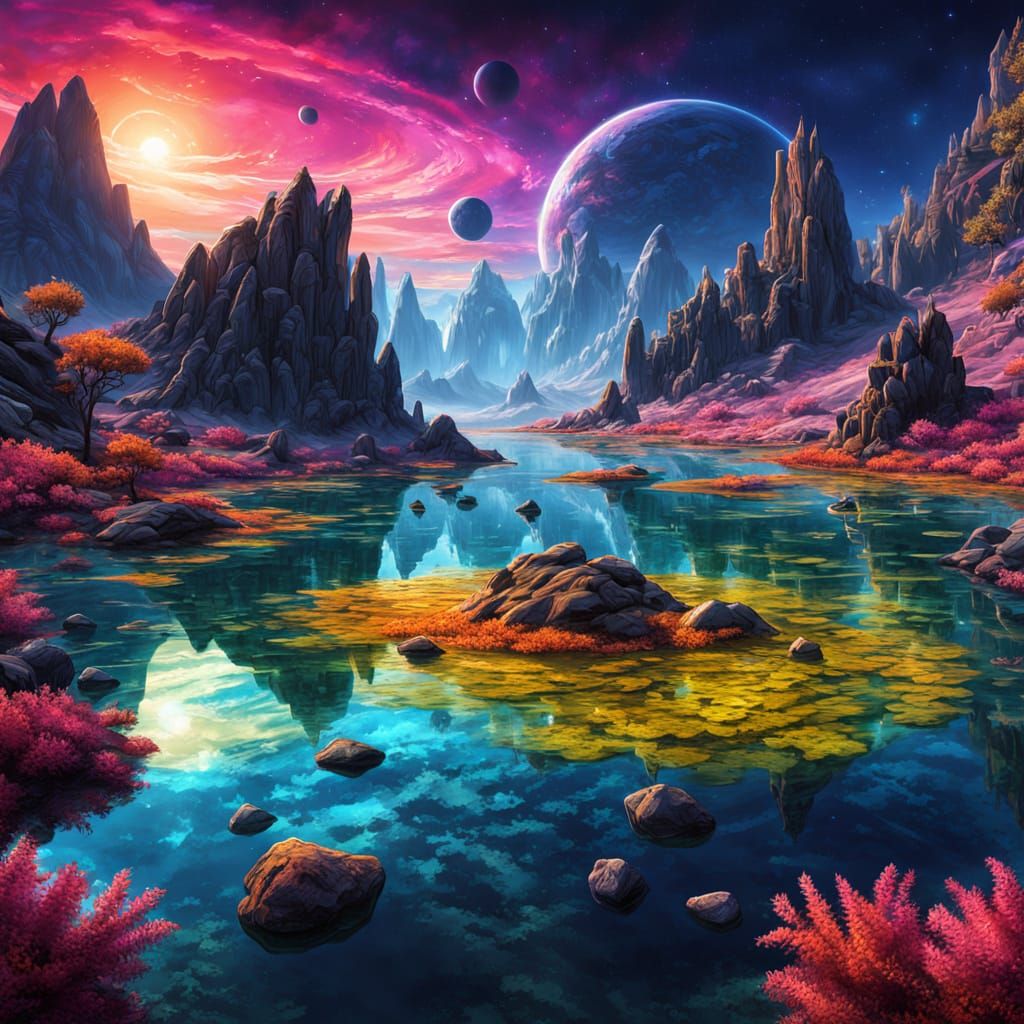 Alien Planet Landscape Digital Painting with Neon Skies