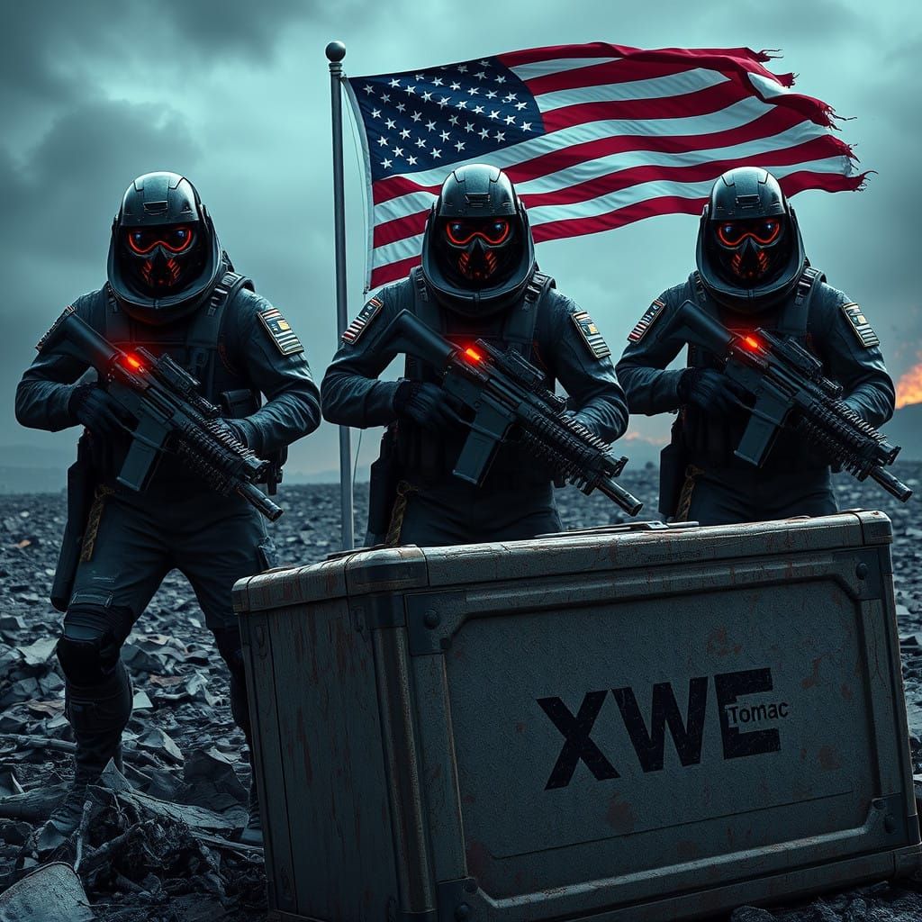 Cyberpunk Soldiers Stand Proud on a Battle-Scarred Battlefie...