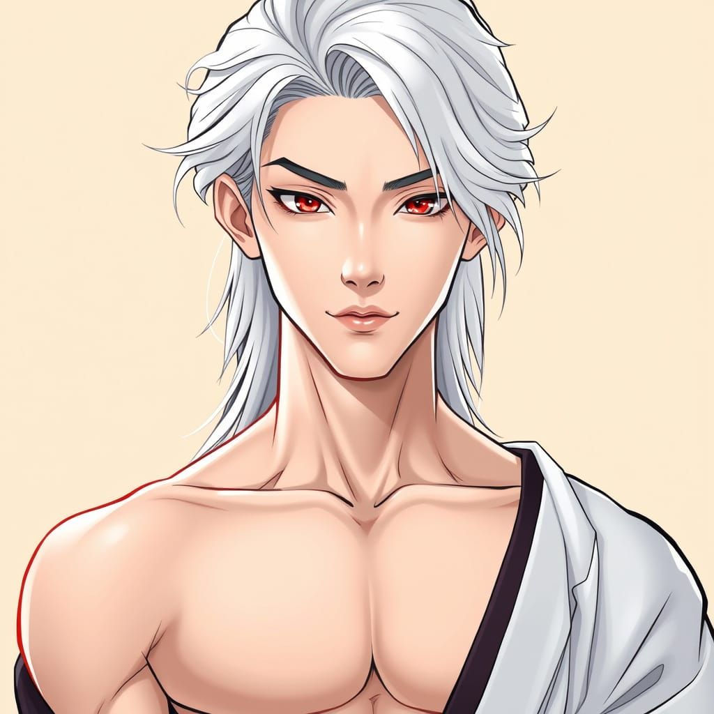 Korean Prince with Radiant White Hair and Piercing Red Eyes