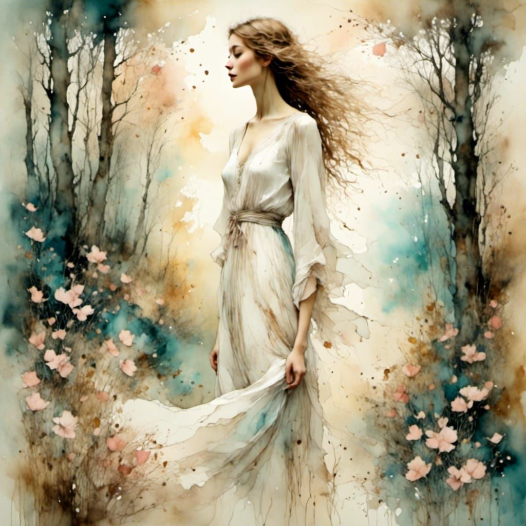 Ethereal Watercolor Portrait in a Serene Forest
