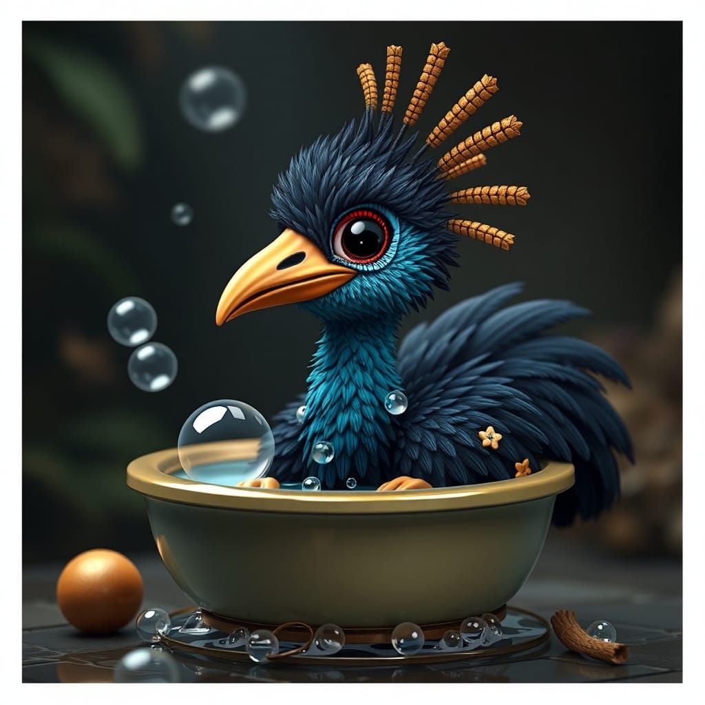Chibi Cassowary taking a bubble bath