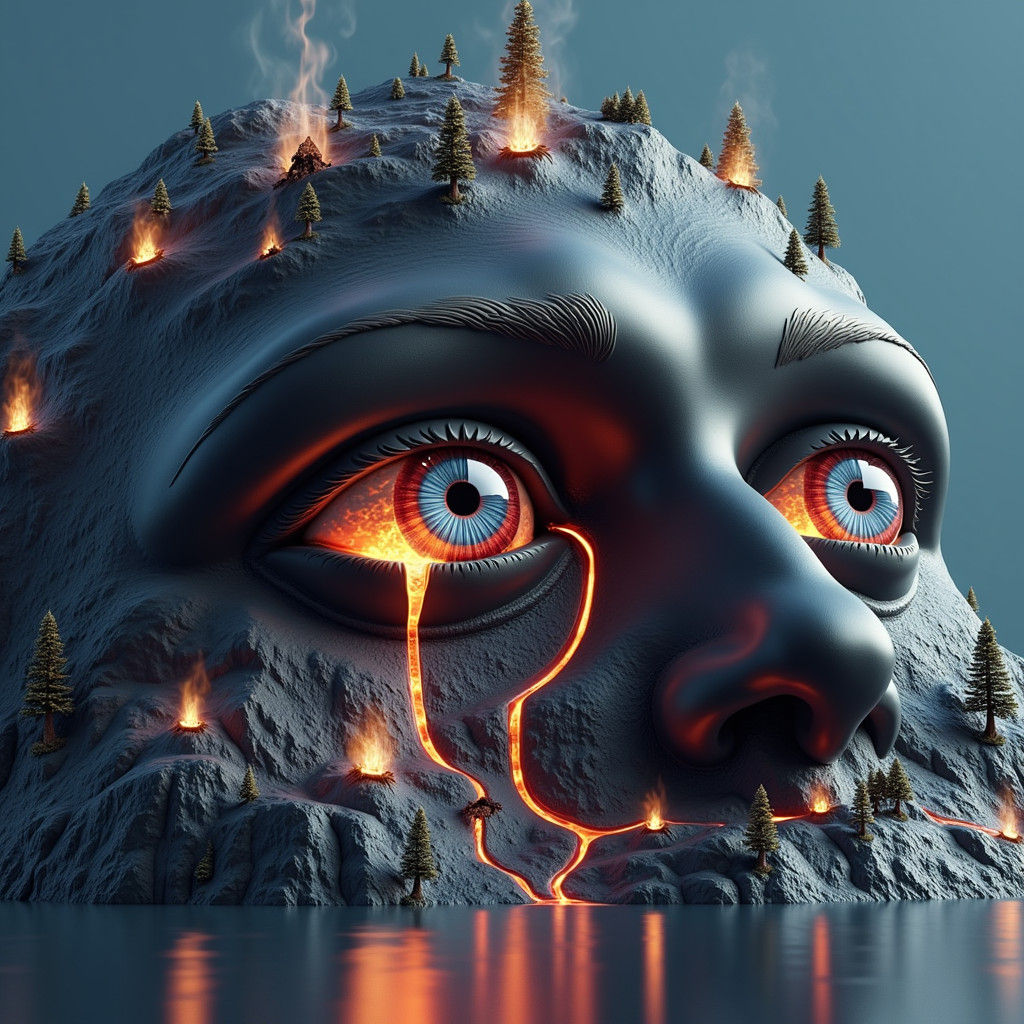 Surreal Volcanic Landscape on Human Face