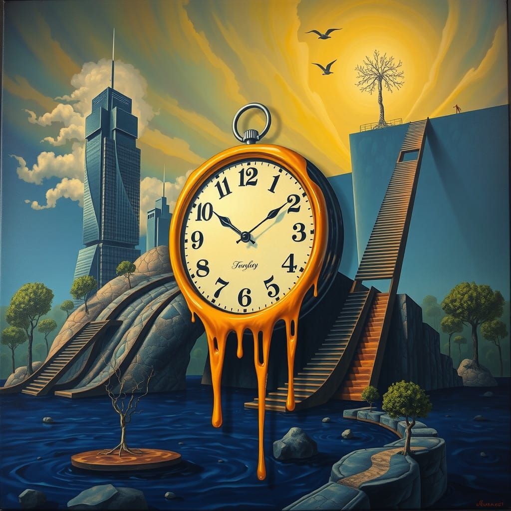 Surreal Landscape with Melting Clock and Distorted Skyscrape...