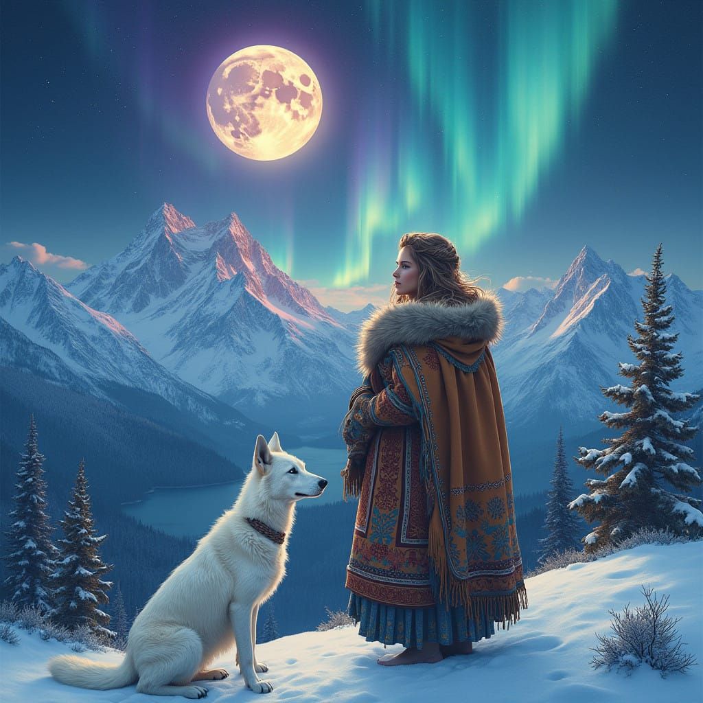 Nordic Princess in Whimsical Folk-Art Style Under Full Moon