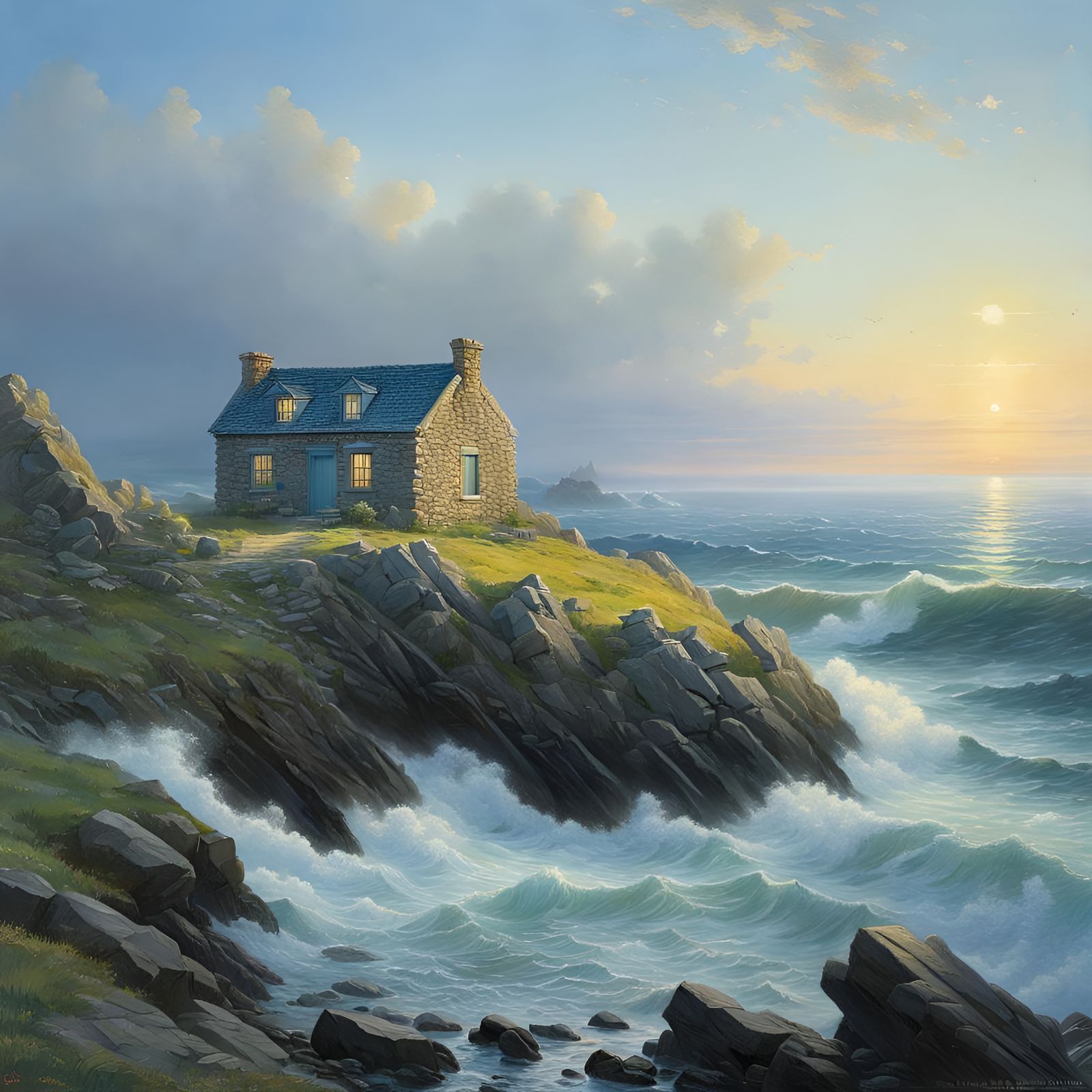 Coastal Stone House at Sunrise: Tonalist Style