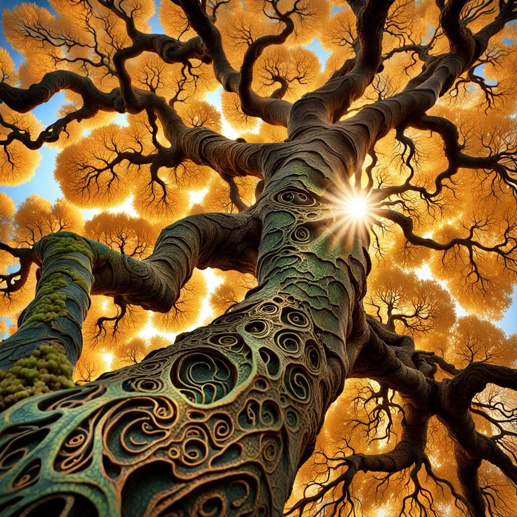 Men Climbing Ancient Trees with Fractal Bark