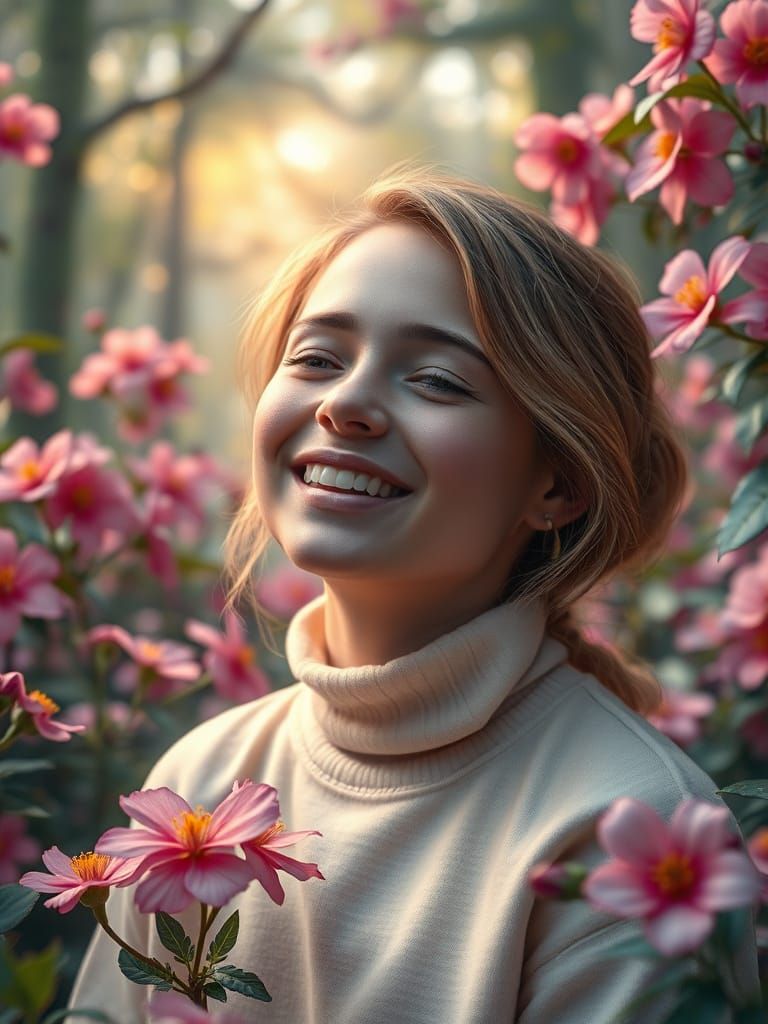 Joyful Woman in Lush Forest, Atmospheric Digital Art