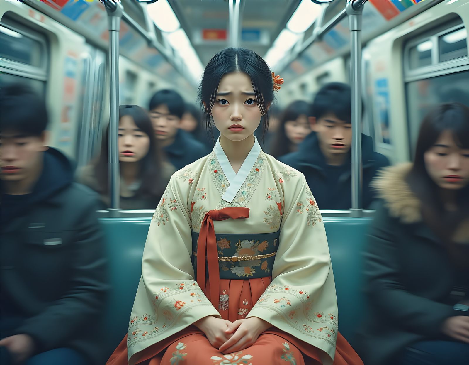Sad Asian Woman in Renaissance Dress on Subway