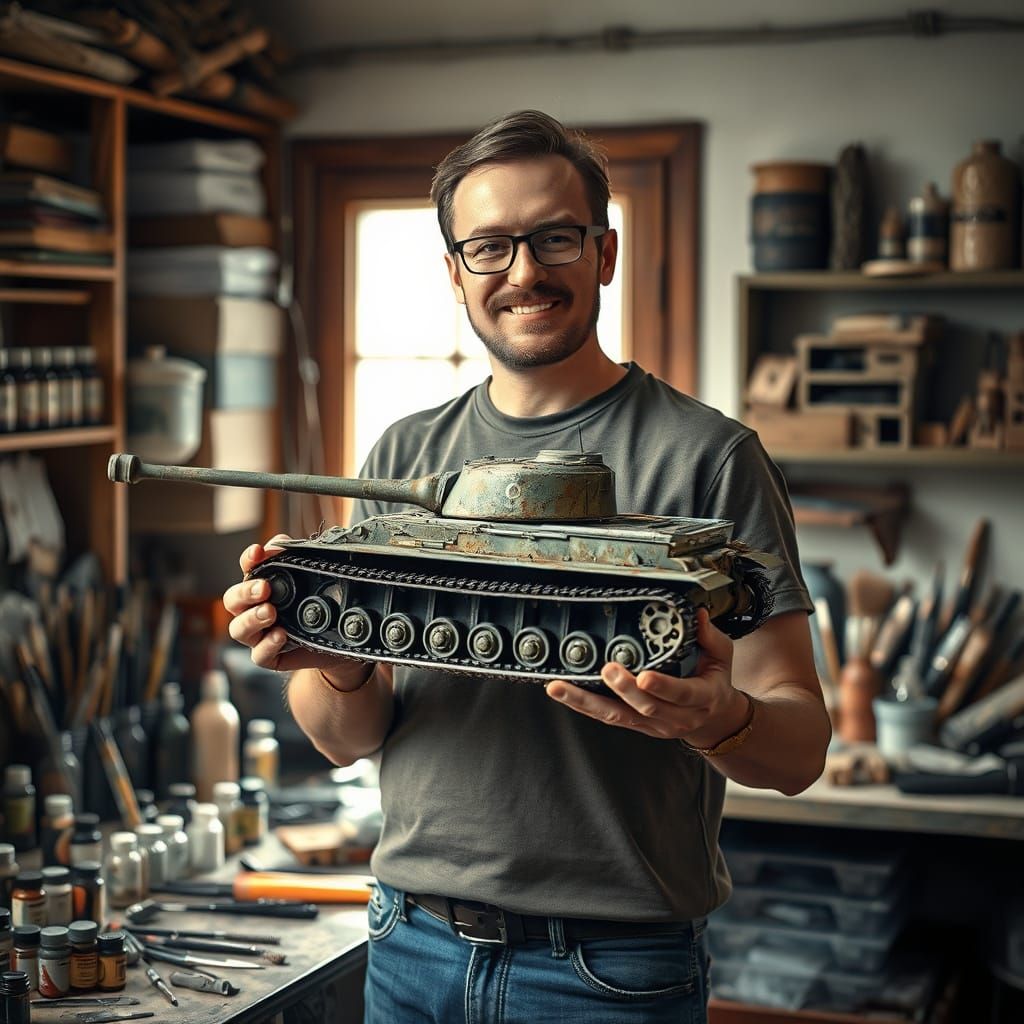 Man Cradles Weathered Tank Model in Cozy Hobbyist Workspace