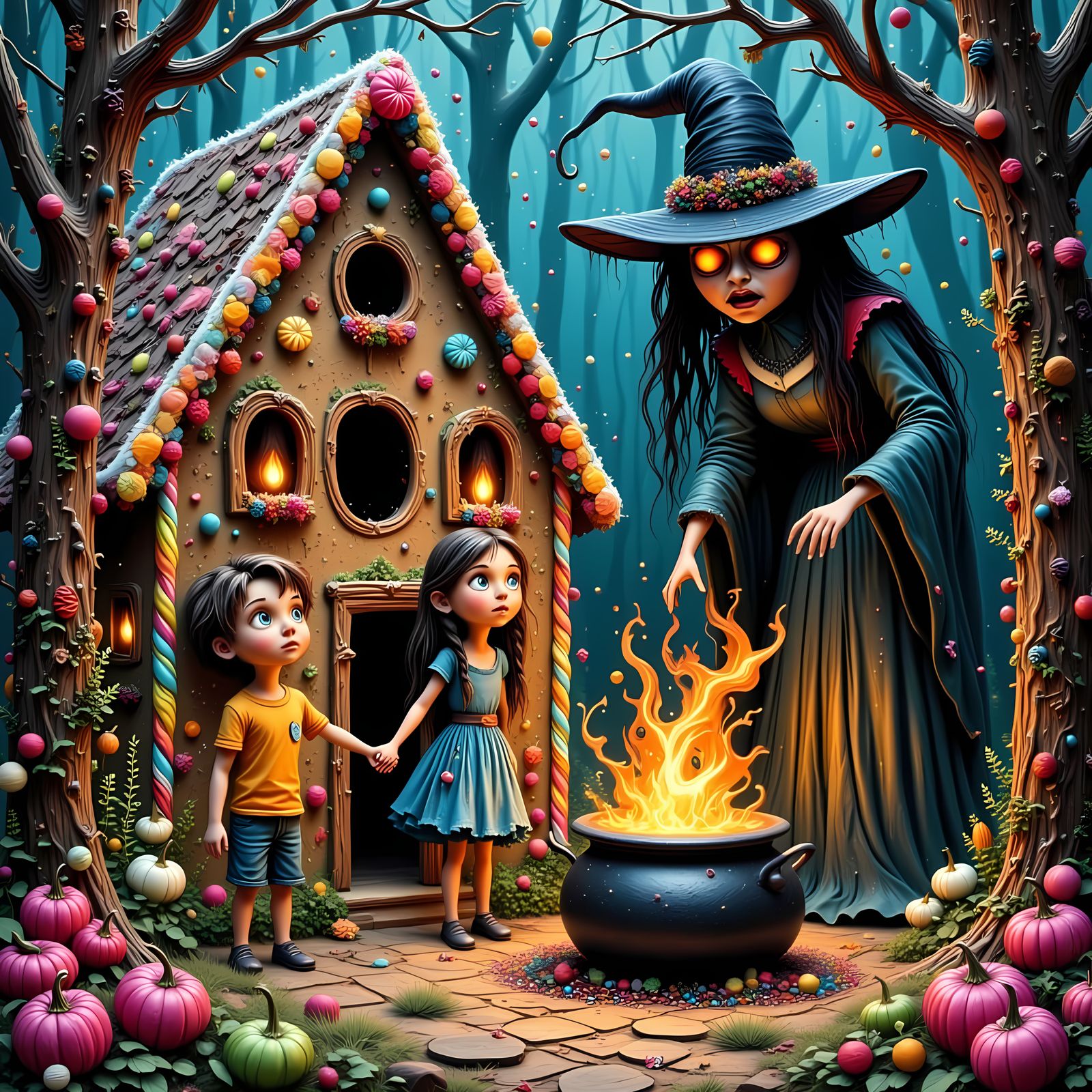 Hansel and Gretel Fear a Witch in a Candy House