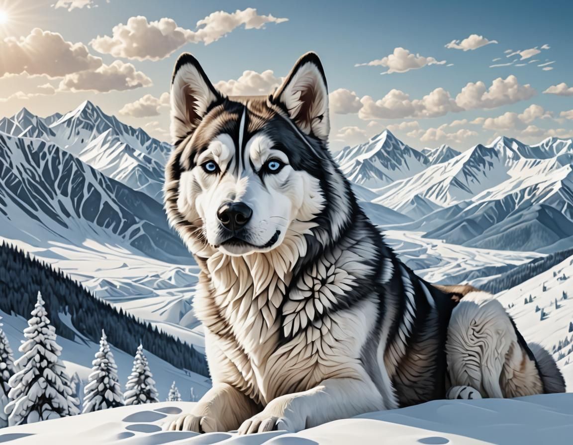 Hyperrealistic Sculpture of Siberian Husky in Snowy Landscap...
