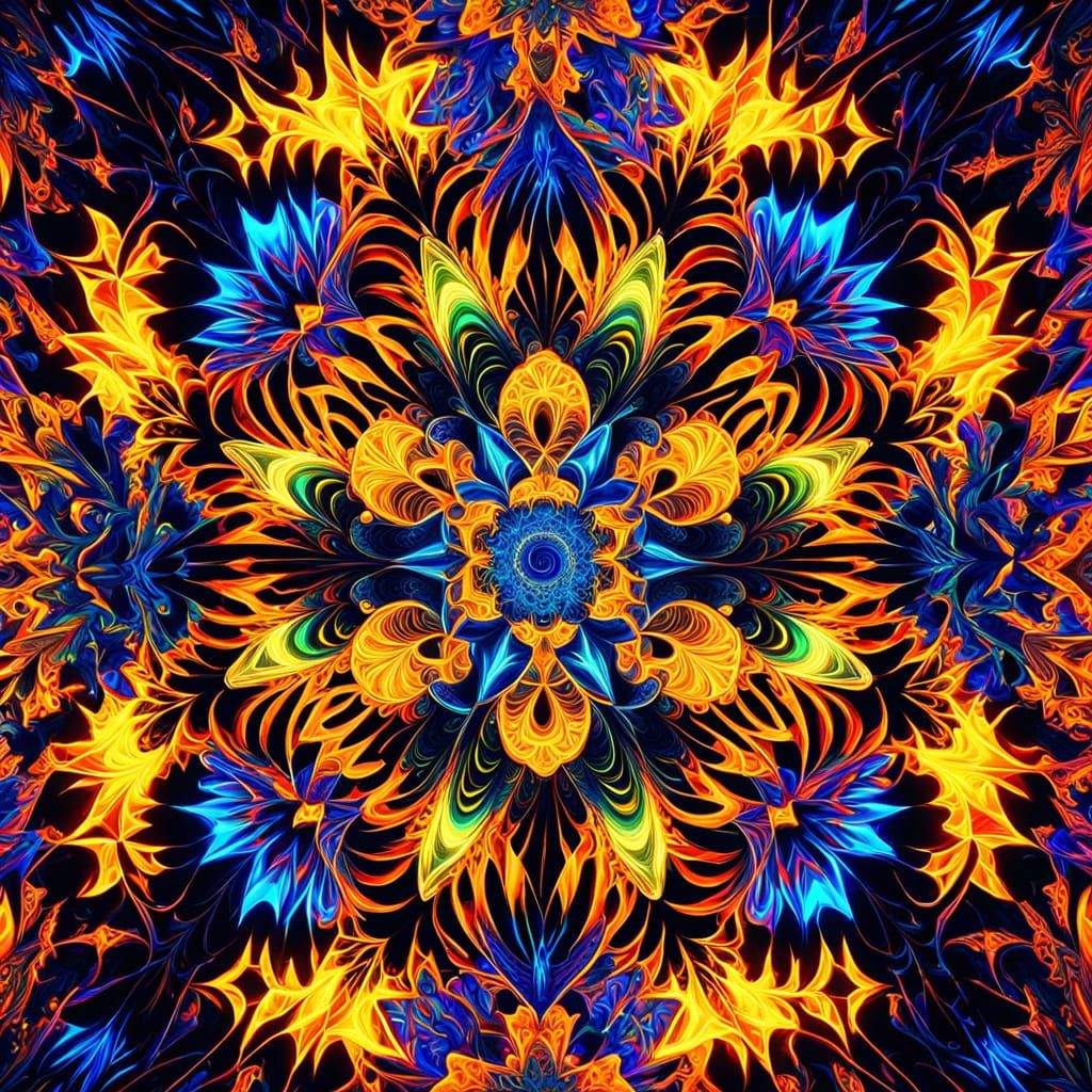 Psychedelic Fractal Art with Neon Glow in Hot Colors