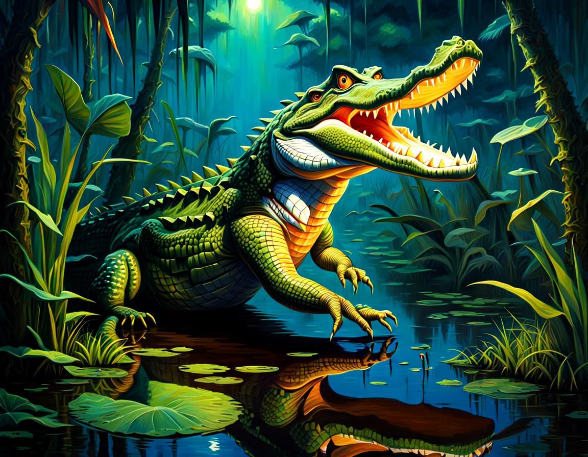 Crocodile Leaps in Everglades, Neo-Impressionist Style