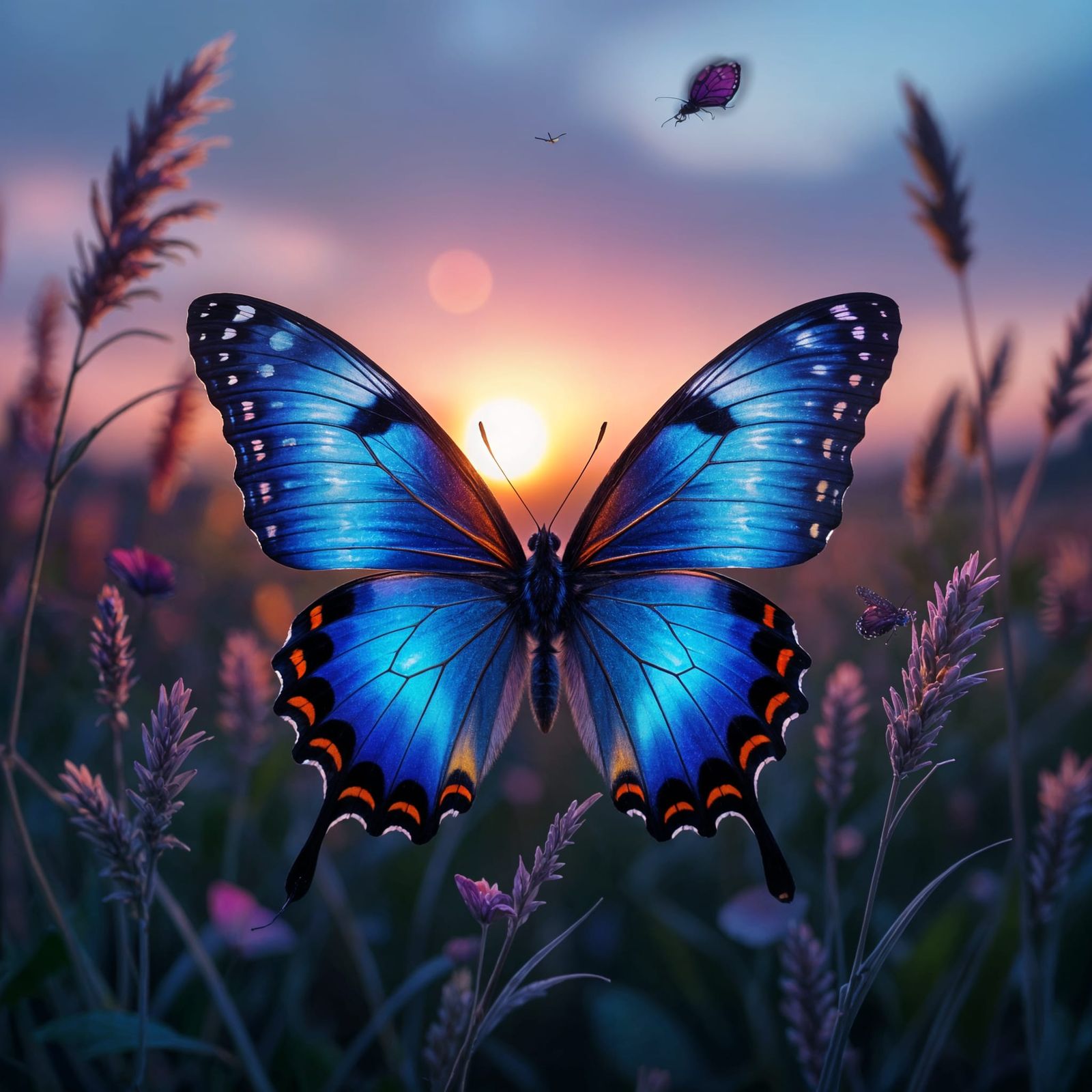 Surreal Butterfly in Twilight Landscape