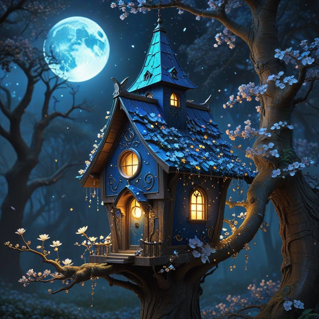Enchanted Birdhouse Under Moonlight in Vintage Art Style