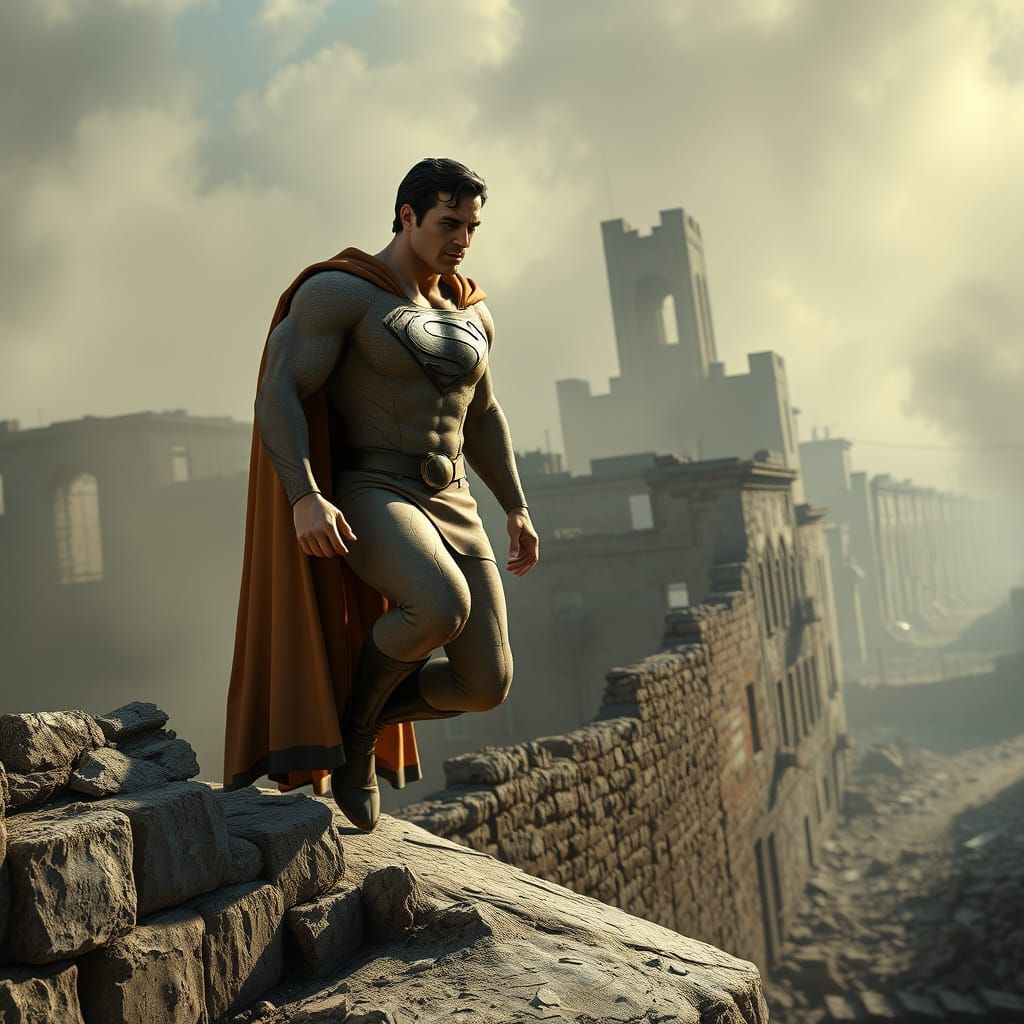 Golden Age Hercules Superman in Destroyed Town