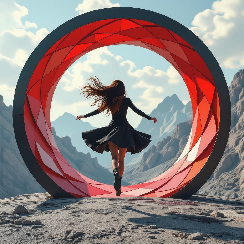 Girl Running in Abstract Circular Structure with Spiral Geom...