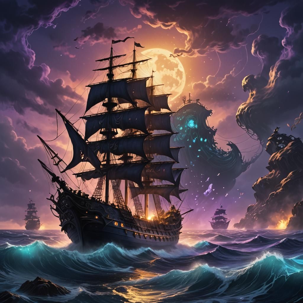 The Black Pearl Sails Through Mystical Stormy Waters
