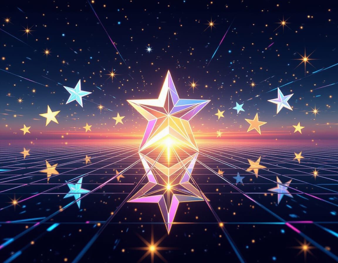 Hologram Capturing Golden Stars in Futuristic Scene