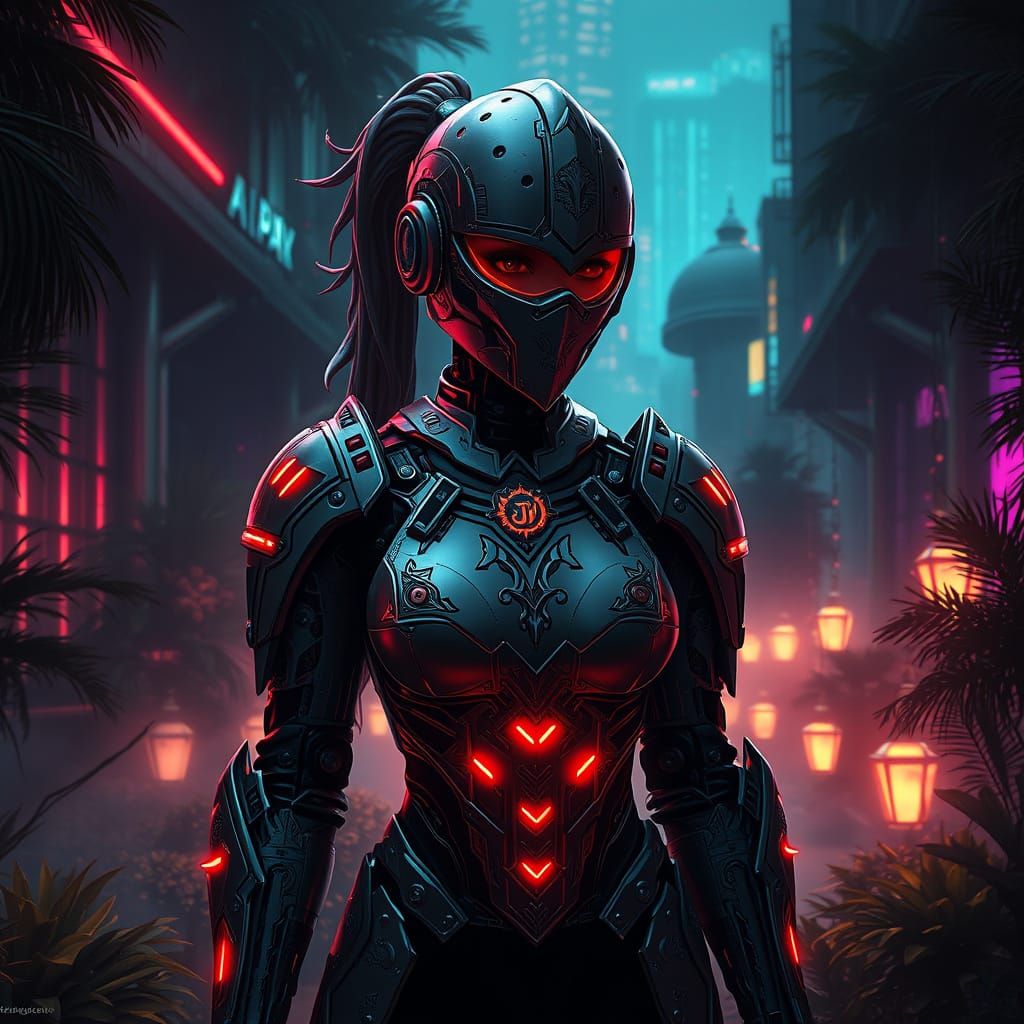 Cyborg Knightess in Neo-Islamic Cyberpunk Gardens