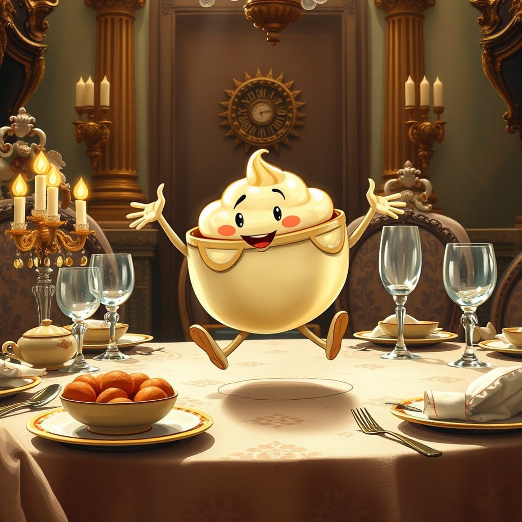 Charming Whimsical Pudding Figure Dances in Elegant Setting
