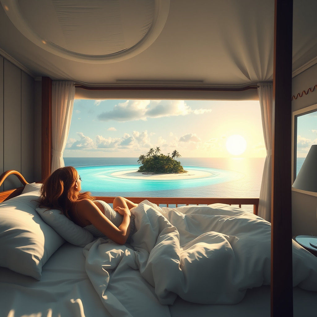 Hyperrealistic Woman Waking on Tropical Island