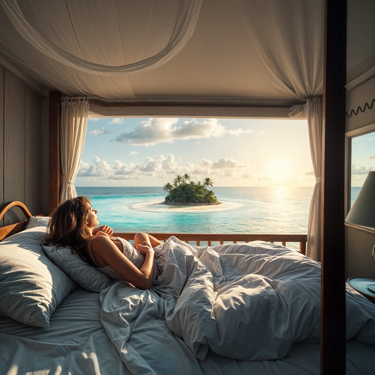 Hyperrealistic Woman Waking on Tropical Island