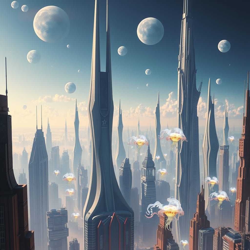 Futuristic Cityscape with Multiple Moons and Jellyfish Vehic...