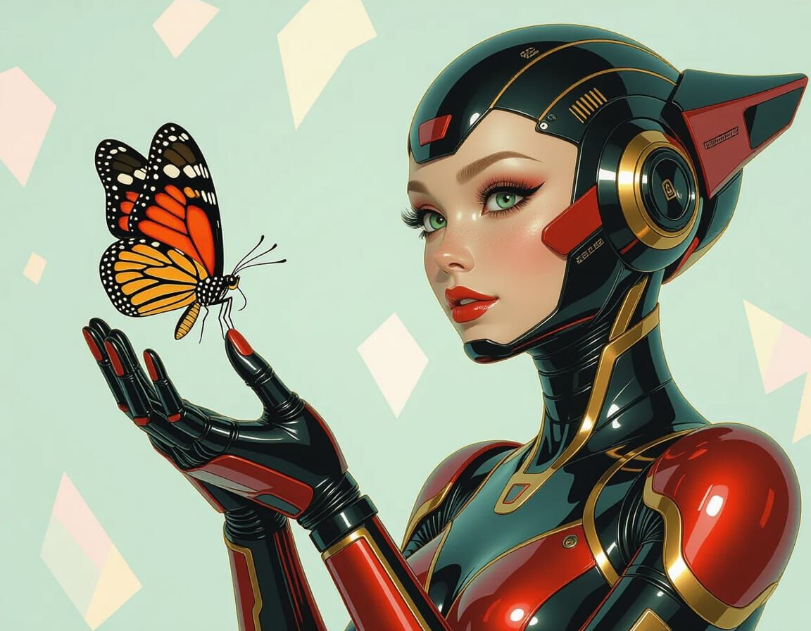 Cyber Android Observes Butterfly in Photorealistic Style
