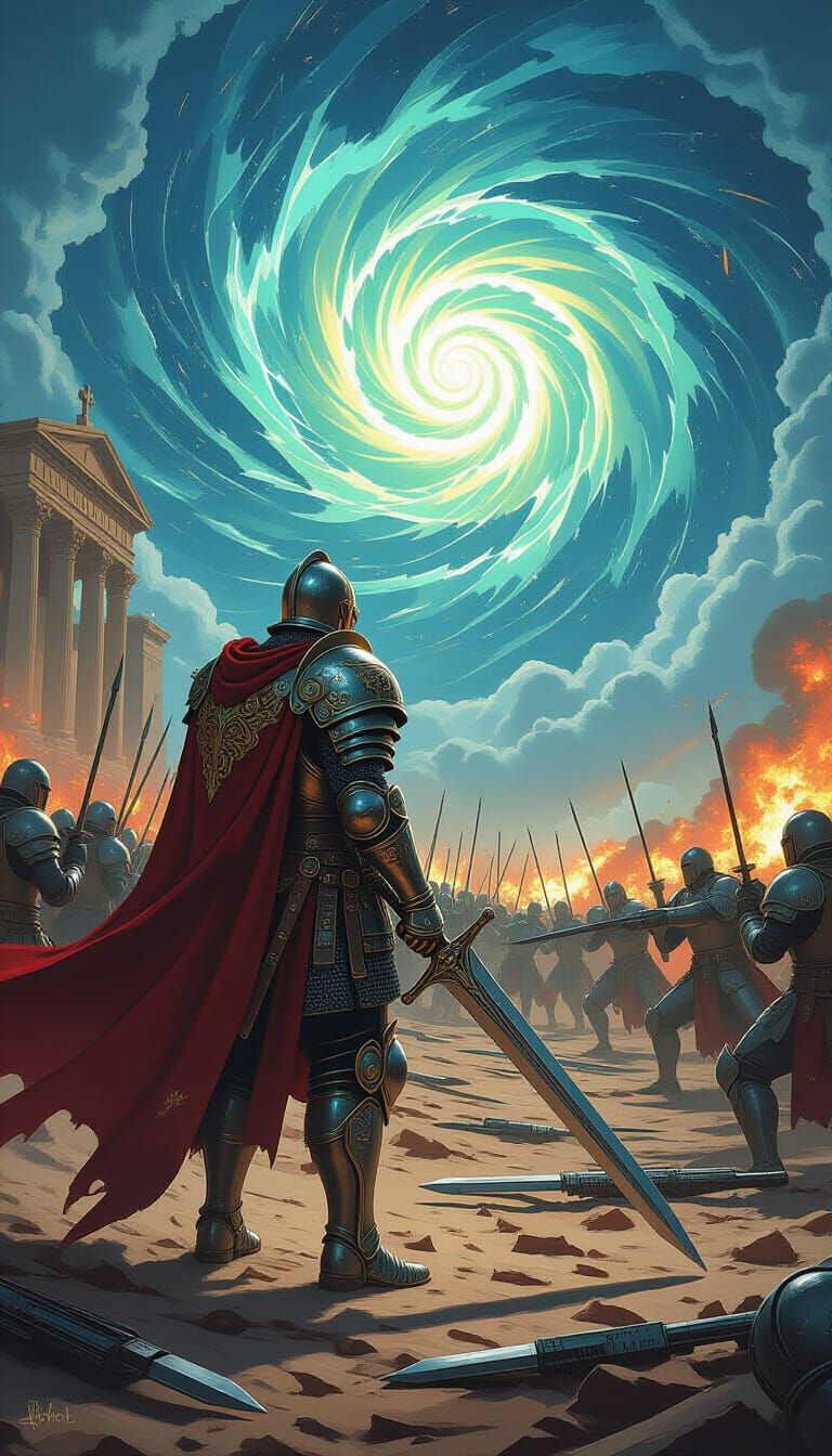 Medieval Knight in Temporal Battlefield, Epic Fantasy Art