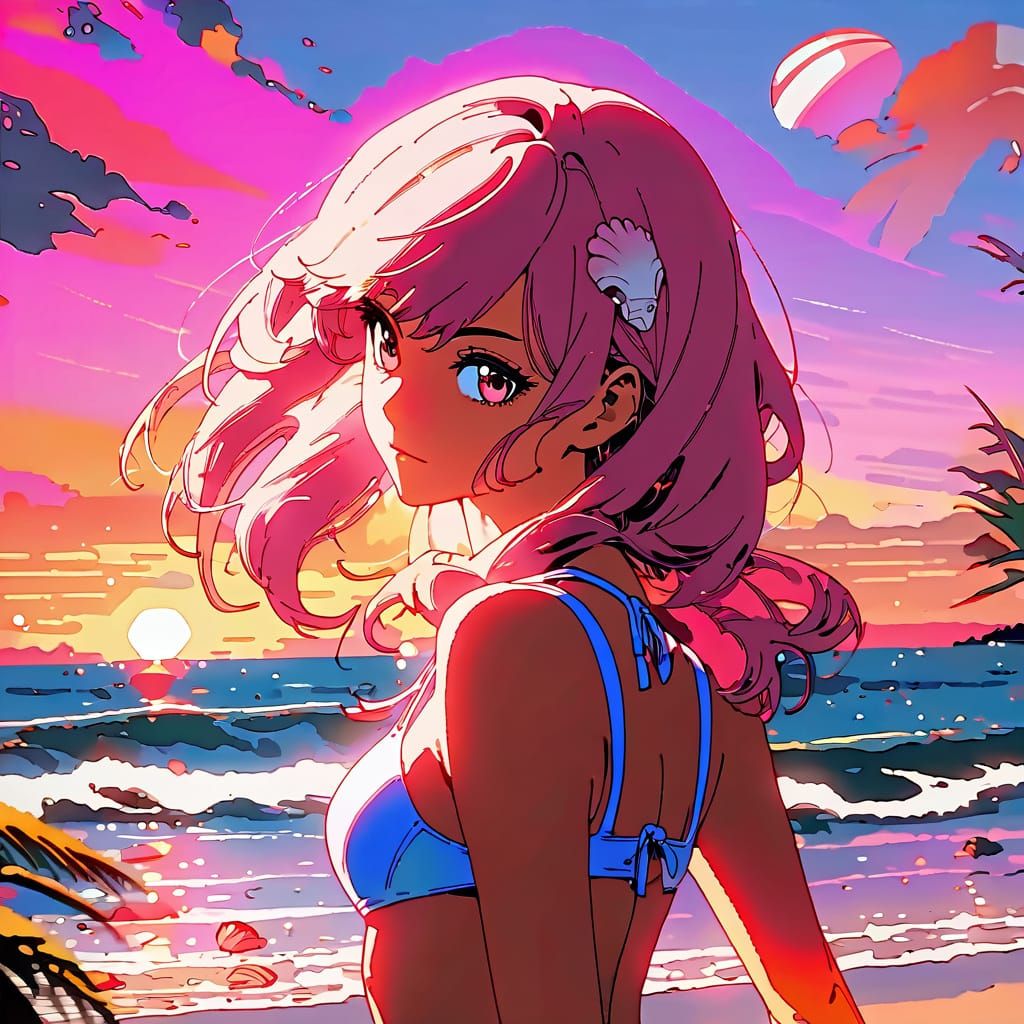 Pink Haired Anime Woman at Sunset Beach
