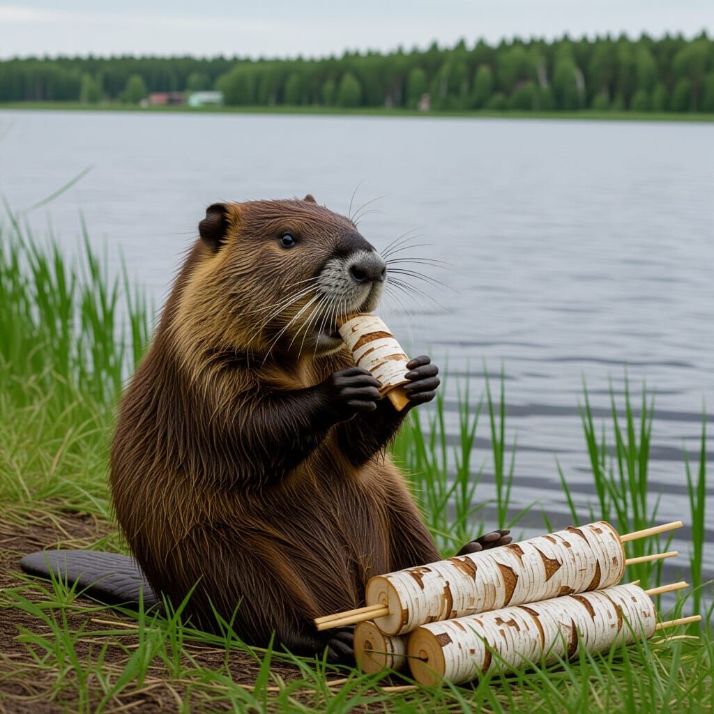 Anthropomorphic Beaver Eating Shashlik by a Lake
