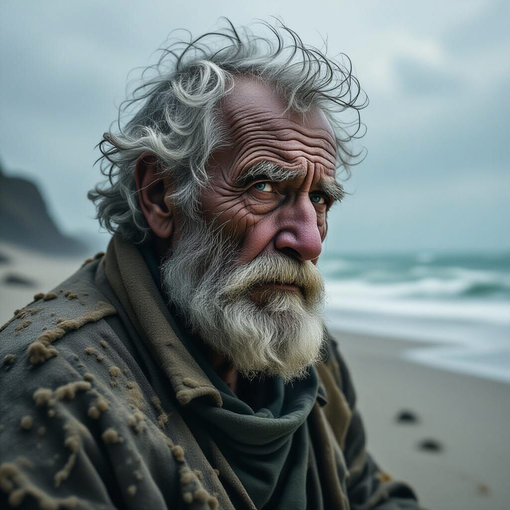 Dust Man Crumbling in Stormy Landscape