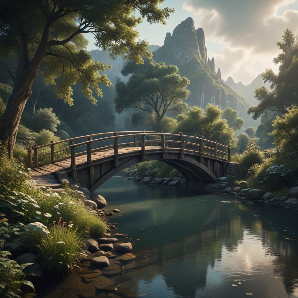 Mountaincore River Landscape with Quaint Bridge