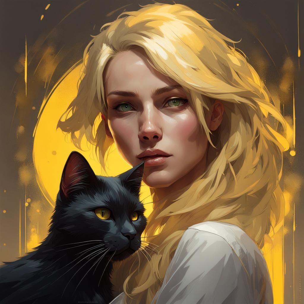 Cat and Girl Portrait in Art Nouveau Style
