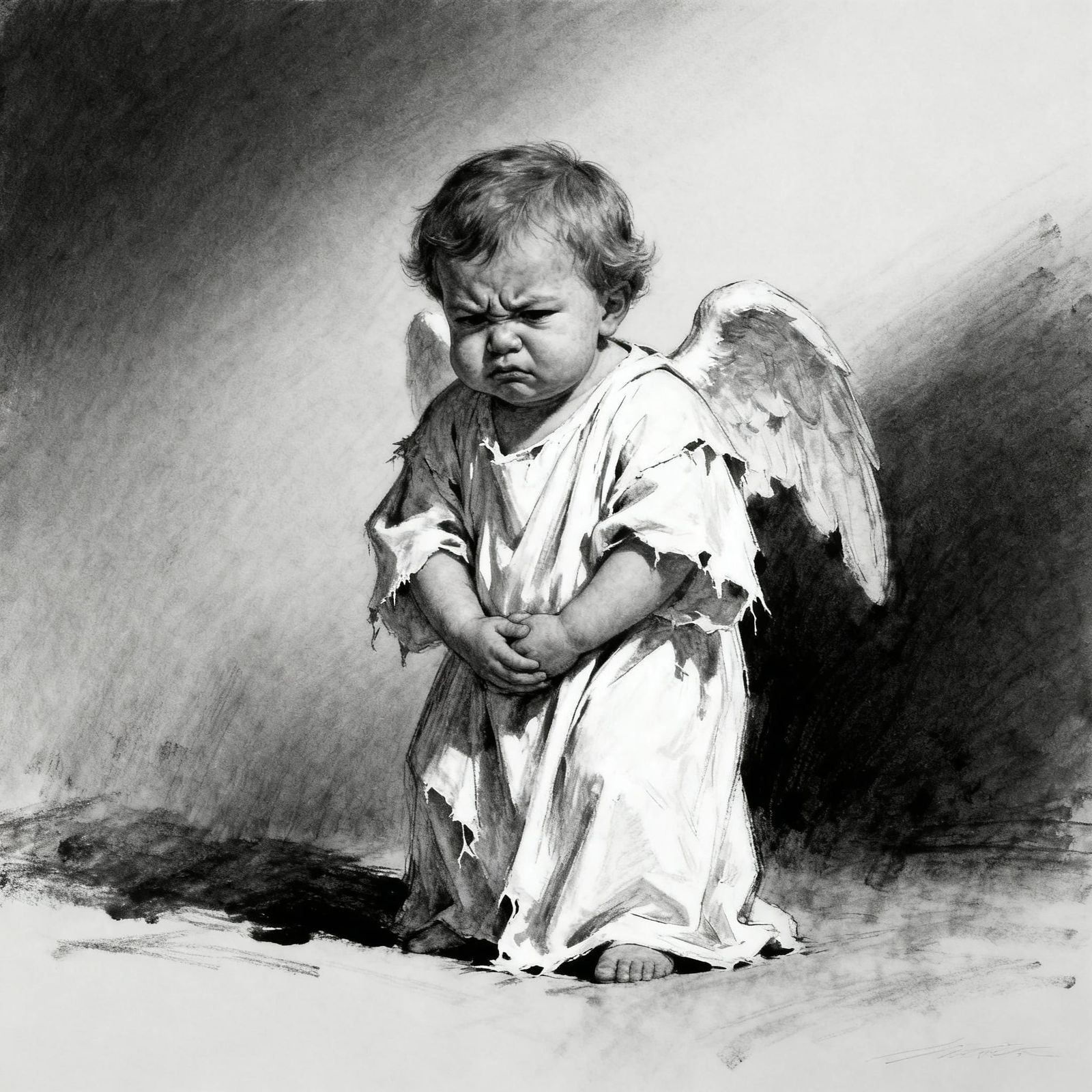 Constipated Angel Drawn in Charcoal